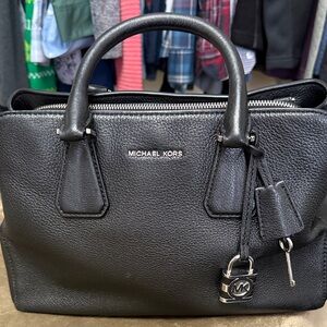 Michael Kors Black Pebbled Leather Satchel with MK Padlock